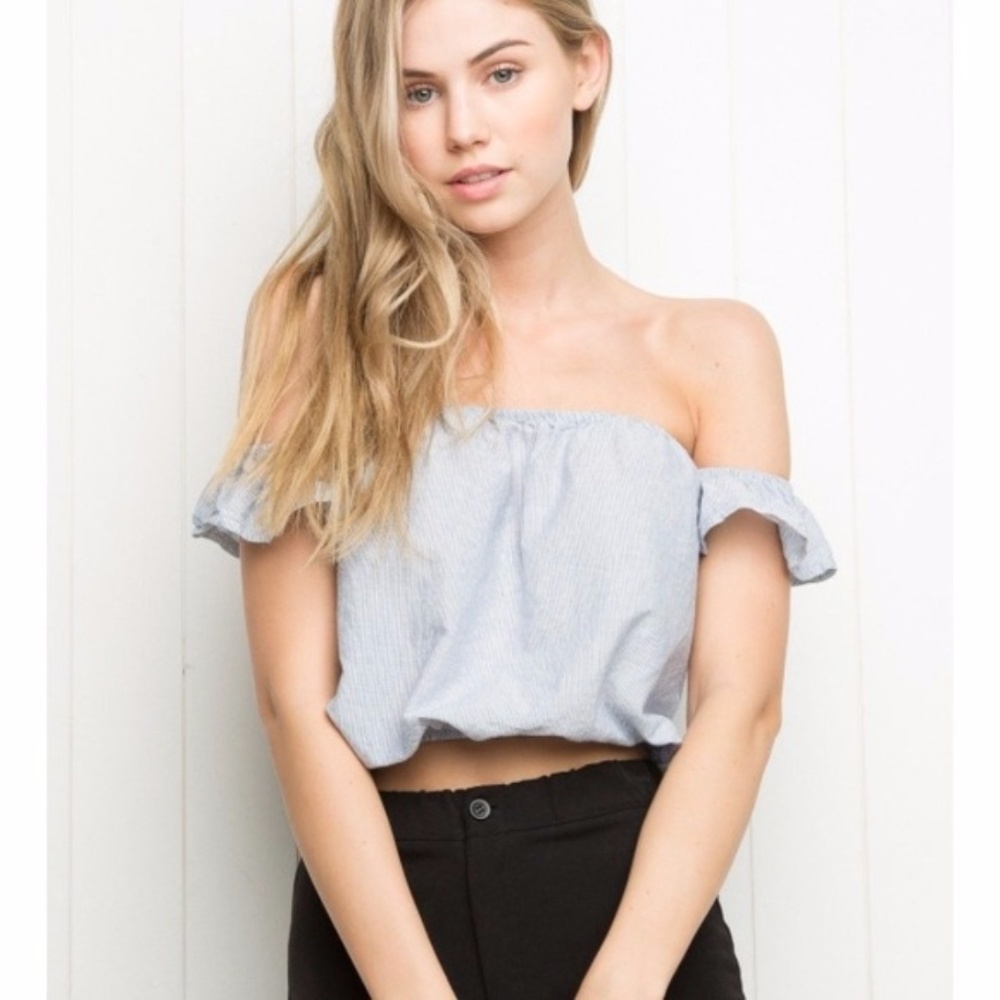 BRANDY MELVILLE Blue Striped Ruffle Crop Top
